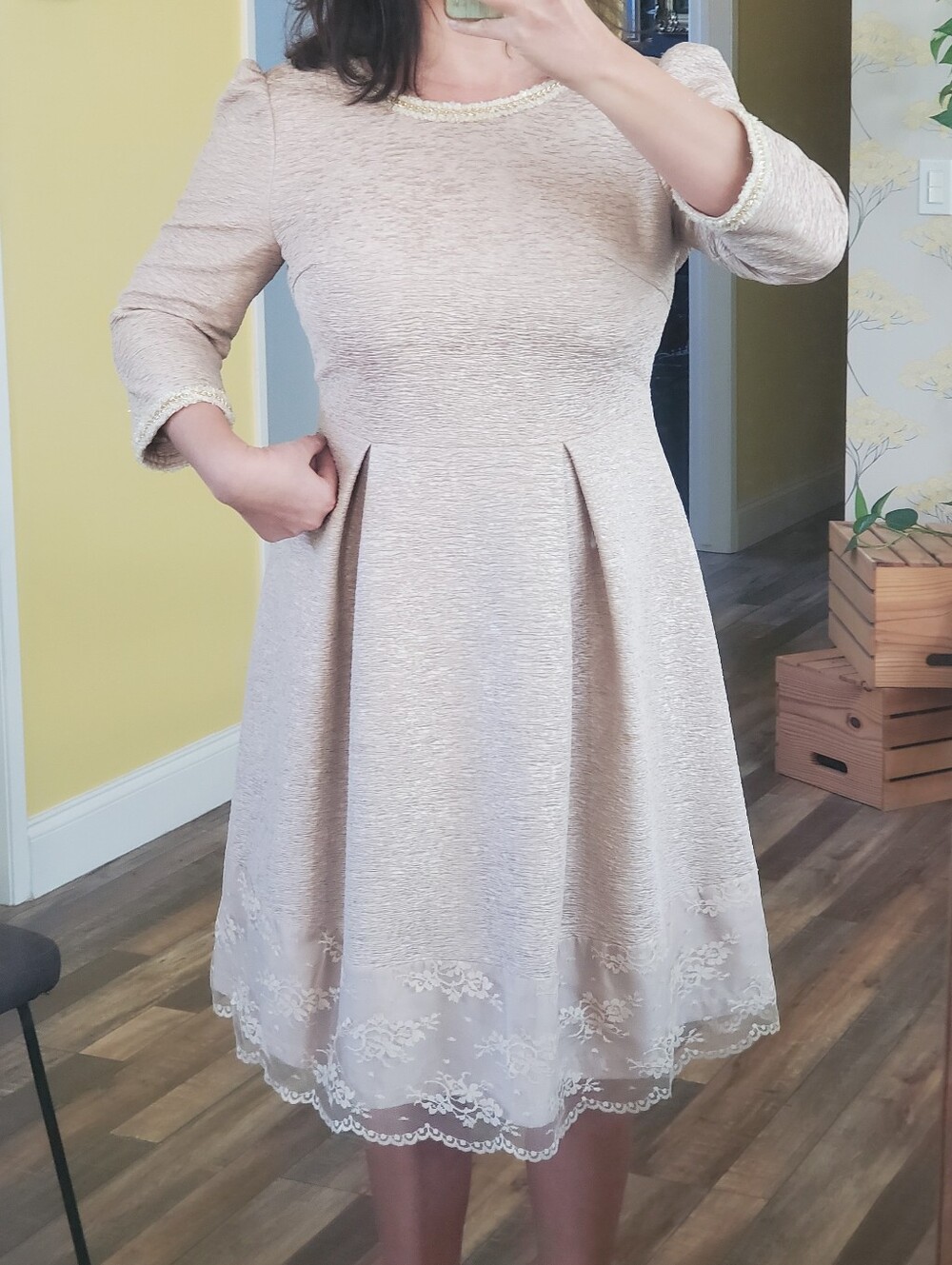 TS Three Seasons Pale Blush Pink Dress w/ Pretty Details @ Neck, Sleeves, & Hem - Picture 15 of 15